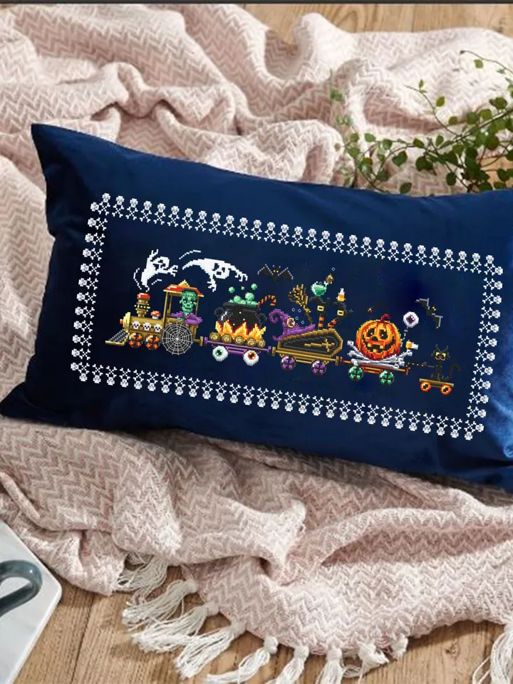 Halloween train cross stitch pattern PDF download Happy Halloween cross stitch chart, Black cat, Spooky ghost, Halloween home decor #H62
