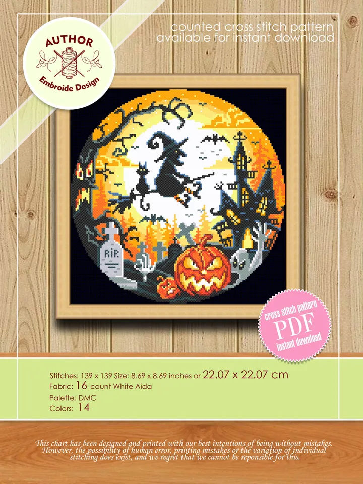 Halloween cross stitch pattern download PDF Halloween moon cross stitch chart Spooky cross stitch Cute Halloween witch Magic embroidery #H26