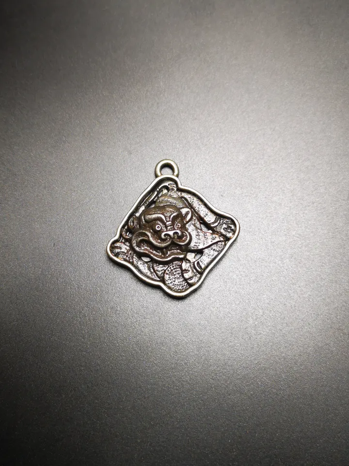 Gandhanra Antique Tibetan Buddhist Amulet,Tiger-the Four Dignities(Garuda,Tiger,Dragon,Lion),Buddhist Protective Talisman,Inlaid with Sliver