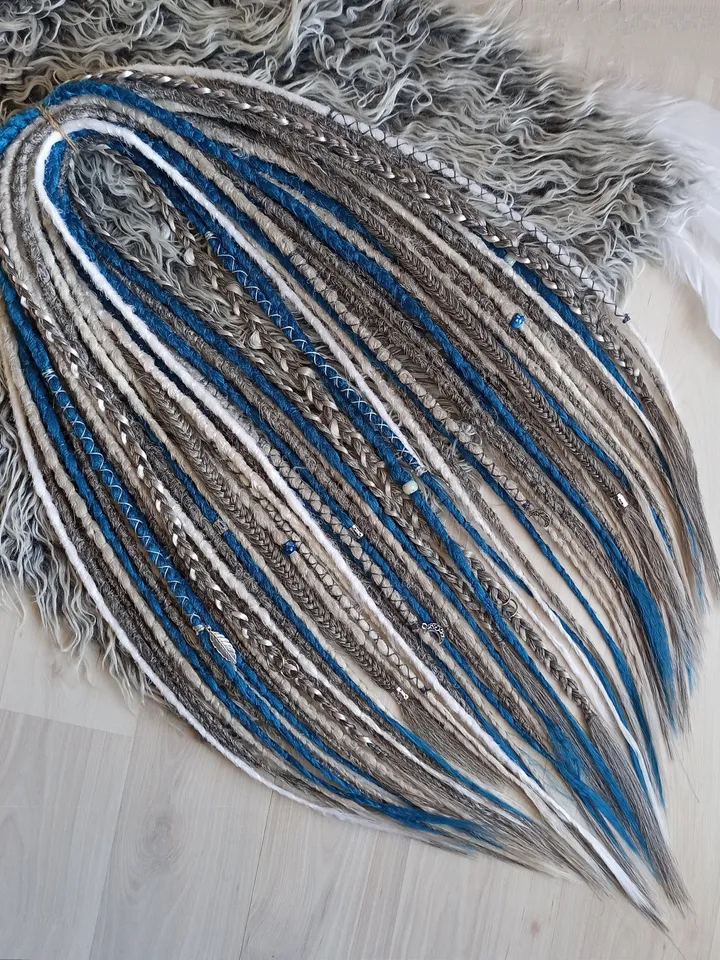 Winter set, Dreadlock extensions White grey blue dreadlock extensions. Synthetic Double Single Ended Viking Fishtail Braids Jewelry