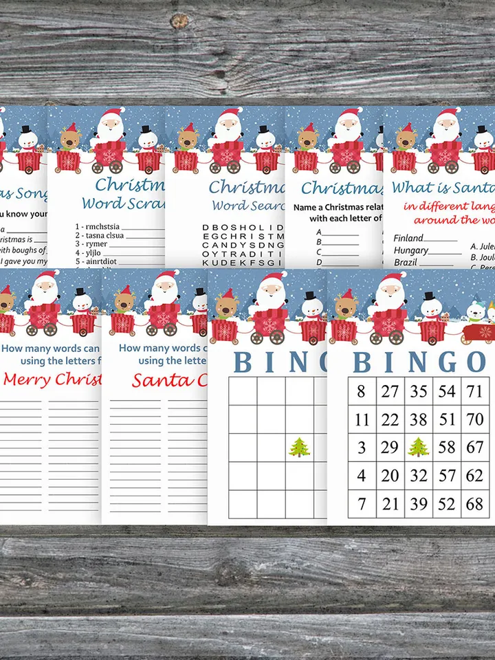 Christmas party games bundle,Printable Christmas Party Game Pack,Santa claus train Christmas Trivia Game Cards