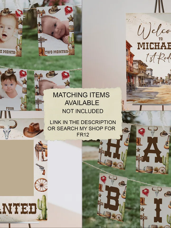 First Rodeo Wild West Birthday Invitation template; Wild West My First Rodeo Bday Western Invite ; Our Little Cowboy is One; Cowboy fr12