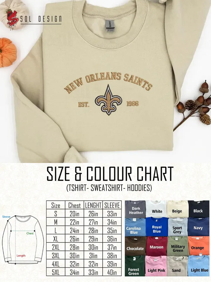 NFL New Orleans Saints Est 1966 Embroidered Sweatshirt, NFL New Orleans Saints Team Embroidered Shirt, Unisex Game Day Crewneck, Football Fan Gift Tee