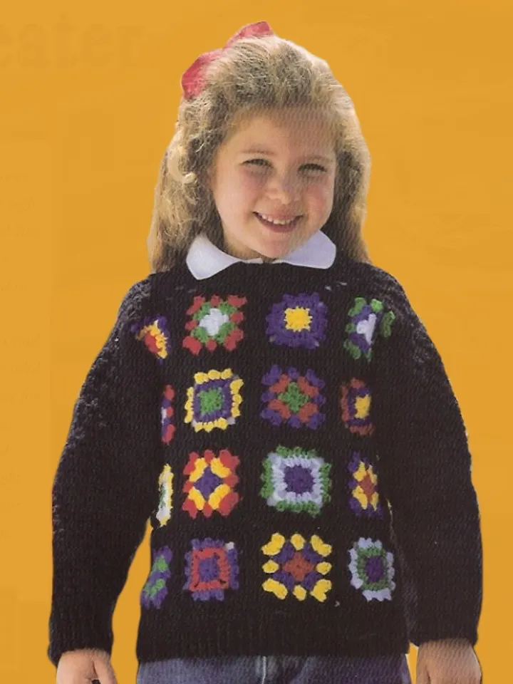 Vintage Crochet Pattern 274 Girls Shool-Days Sweater Granny Squares