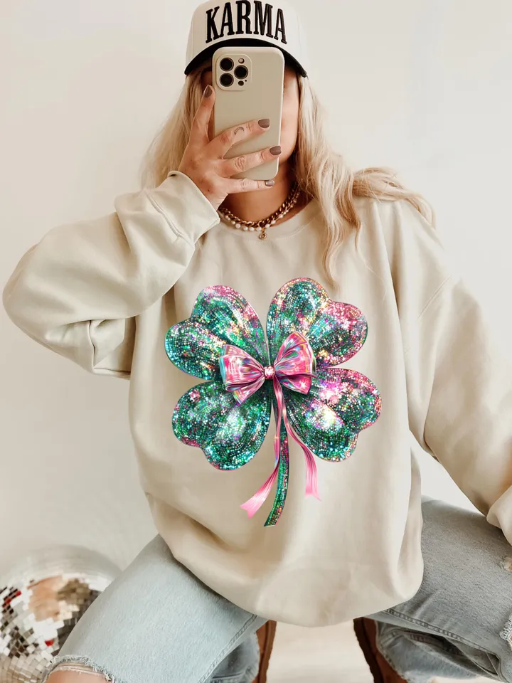 Disco Shamrock png, St Patrick's Day Png, Trendy Shamrock Coquette Bow PNG, St Patrick's Day Sublimation png, Four Leaf Clover Mirror Ball