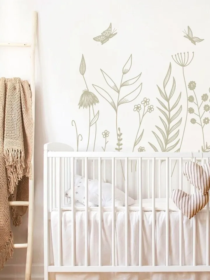 Wild Leaves and flowers Decal - Wild Flowers Wall Decal, Twigs Wall Decals, Sweet Flowers and Twigs Decal, Nursery Decor ,h240