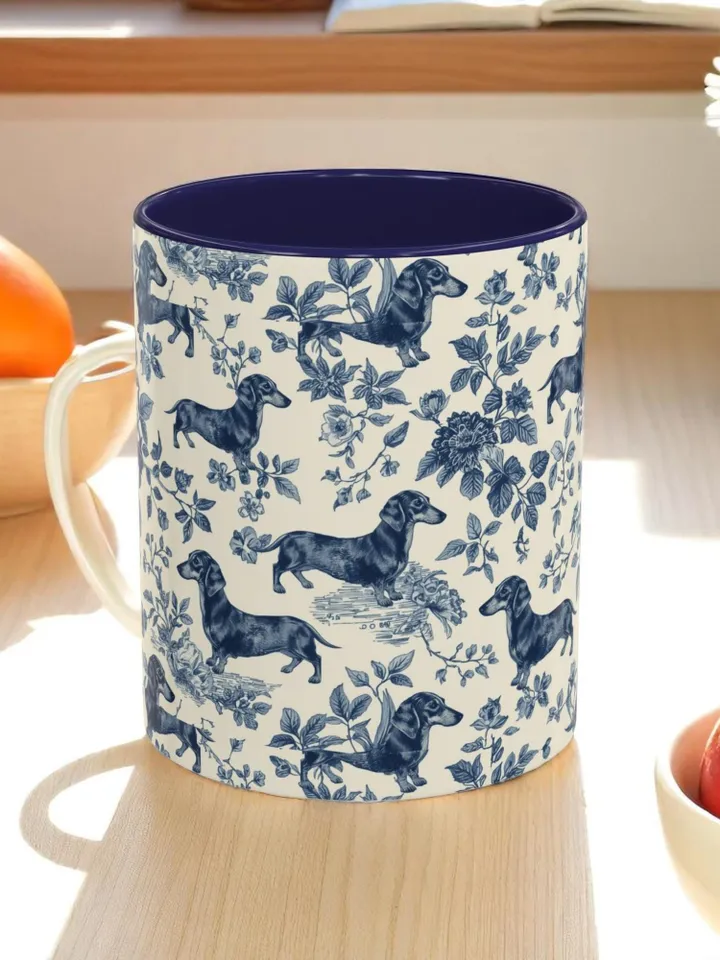 Dachshund French Toile de Jouy Ceramic Mug, Toile Coffee Cup for Doxie Mom, Sausage Dog Lover Gifts, Dog Tea Drinkware, Gift For Dog Lovers