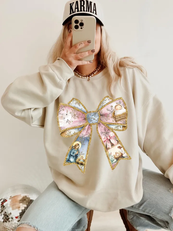 Jesus Christmas Coquette Bow Png, Christian Christmas Png, Nativity Scene Png, Baby Jesus Png, Bible Verse Png, Glitter, Pink Christmas Png