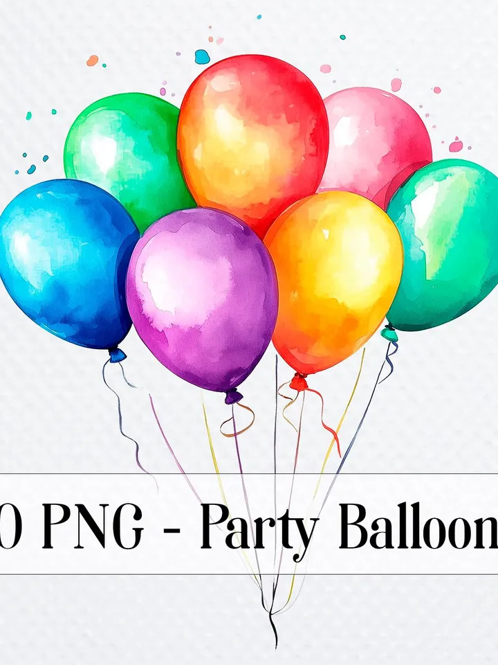 10 Party Balloons Bundle, Coloured Balloons Printable Watercolor PNG Clipart for sublimation, High Quality, Digital download, Paper crafts