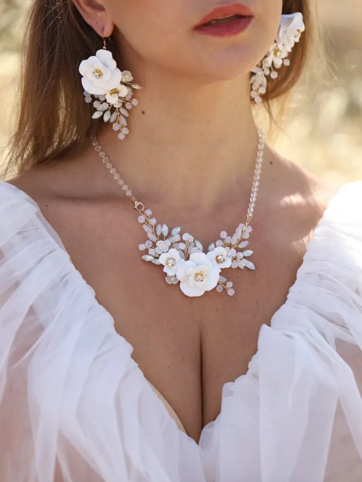 Boho Wedding Jewelry Set For Brides, Floral Bridal Earrings, Boho Wedding Earrings, Flower Wedding Earrings, Statement Wedding Jewelry Set