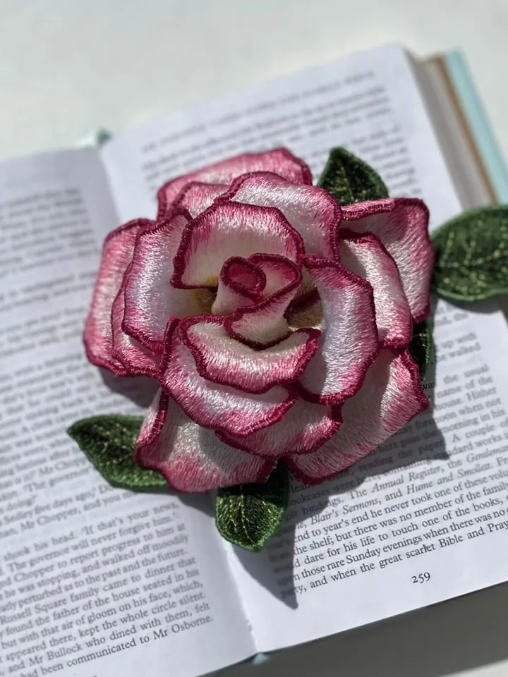 Machine embroidery design in art stitch technique FSL brooch  “Beautiful Rose”