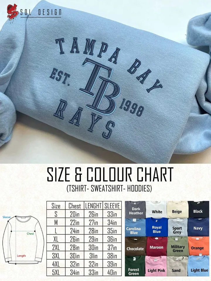 Tampa Bay Rays Est 1998 Embroidered Sweatshirt, MLB Embroidered Sweatshirt, MLB Tampa Bay Rays T Shirt, MLB Baseball Team Embroidered Hoodie, Unisex Crewneck, MLB Team Fan Gift Tee