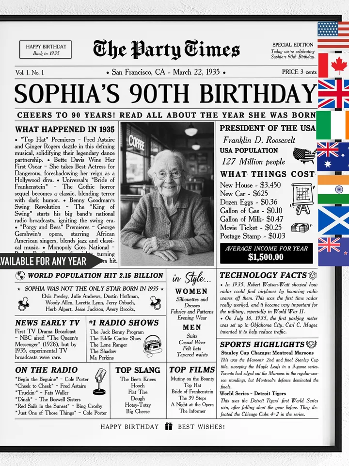 90th Birthday Gift for Grandma or Grandpa, 1935 Birthday Newspaper , 90th Birthday Gifts for Her, 90th Birthday Decorations Gift for Women