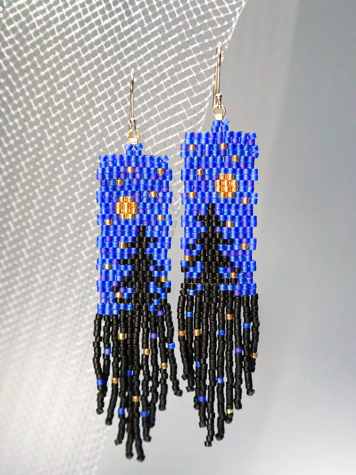 Trees-Patterned blue sky at night Japanese Bead and sterling Silver Earrings A Fusion of Elegance and Nature