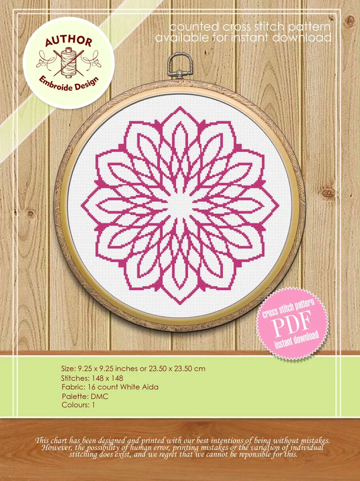Mandala cross stitch pattern download PDF, Monochrome floral ornament cross stitch chart, Geometric pattern digital PDF, DIY Home decor #M45