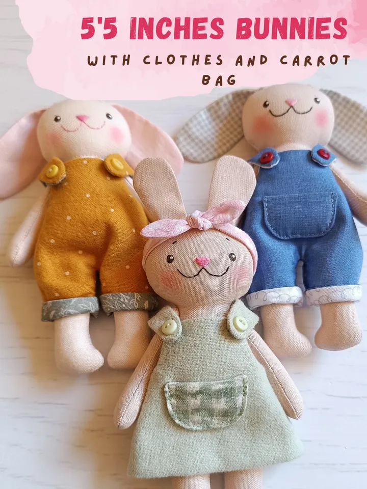5,5 inch Bunny rag doll Sewing Pattern, Tiny Bunny Pattern, Baby Pocket Bunny Pattern, Easy Pattern, Soft Doll Pattern, Doll Clothes Pattern, Doll Bag Sewing Pattern & Tutorial - DIY Soft Textile Bag Dollhouse for 5,5 inch bunnies , Portable Small Carrot