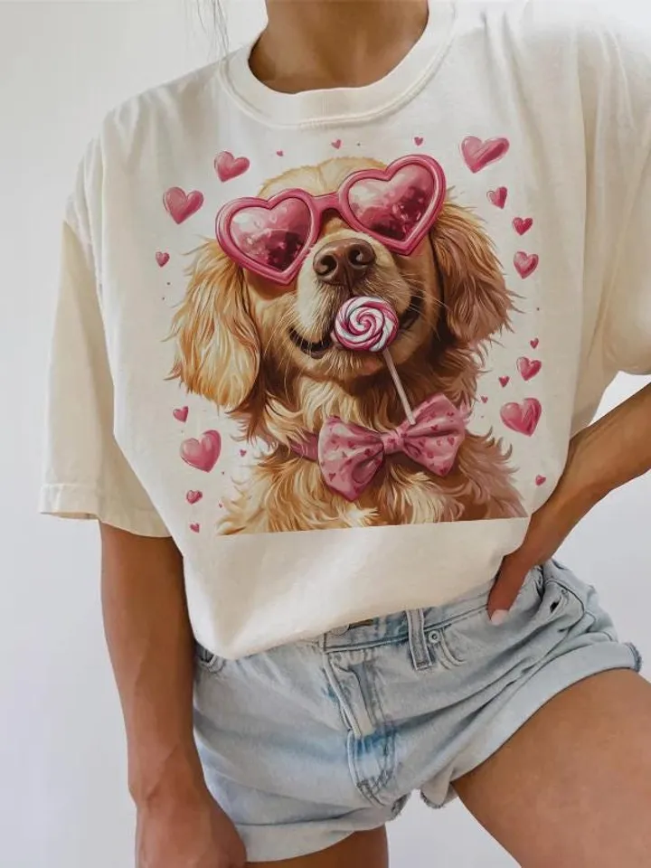 Valentine Dog Lovers png, Golden with heart-shaped glasses, Valentine png, Preppy valentine png, Watercolor Dog Coquette png, Dog Mom png