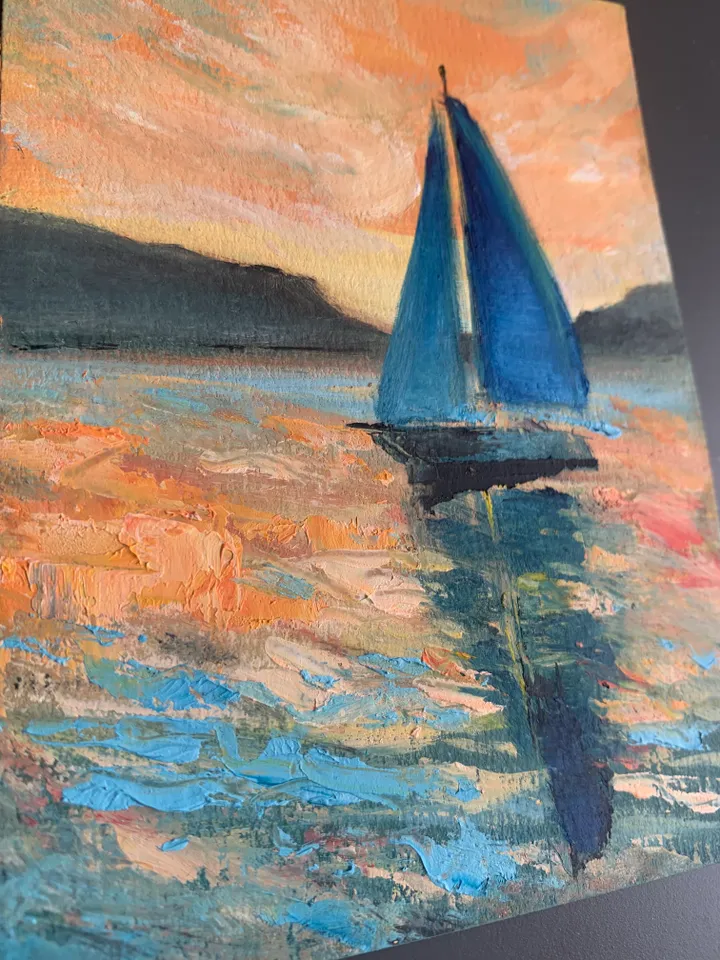 Yacht on a sunset oil original painting impasto