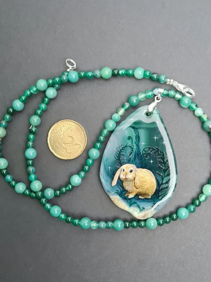 Necklace with rabbit or hare in ferns Oil painting on Agate stone