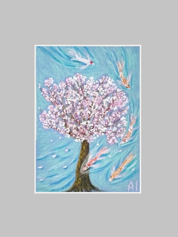 Pastel painting on paper Sakura and fish