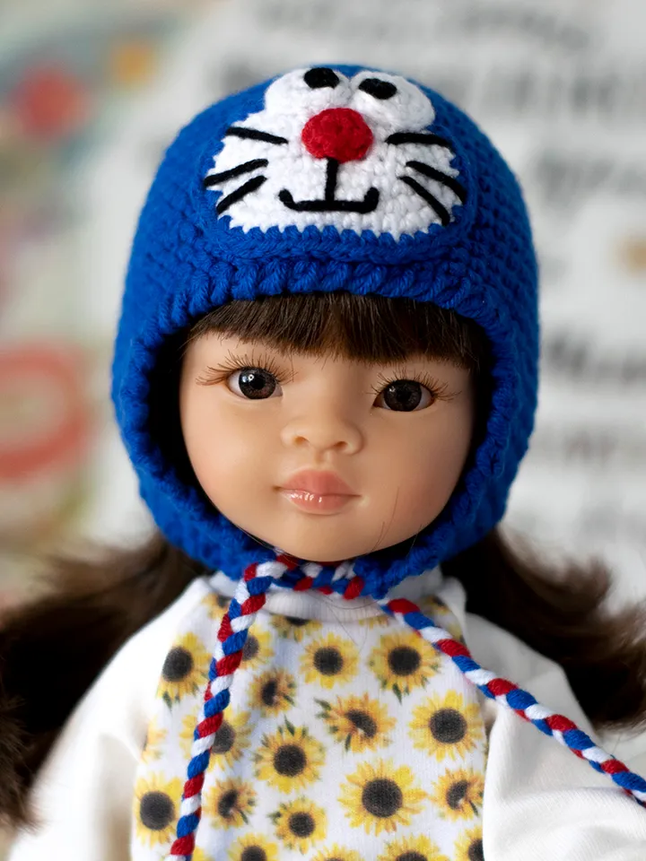 Cat Doraemon hat for 13" dolls Paola Reina, Meadowdolls Dumplings, Siblies, Little Darling, doll outfit for Halloween