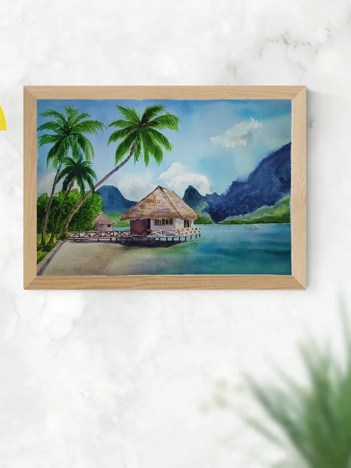 Original Watercolor Painting Tropical Landscape Art Beach and Bungalows Artwork Sea with Mountains Picture Aquarelle Tropical Beach