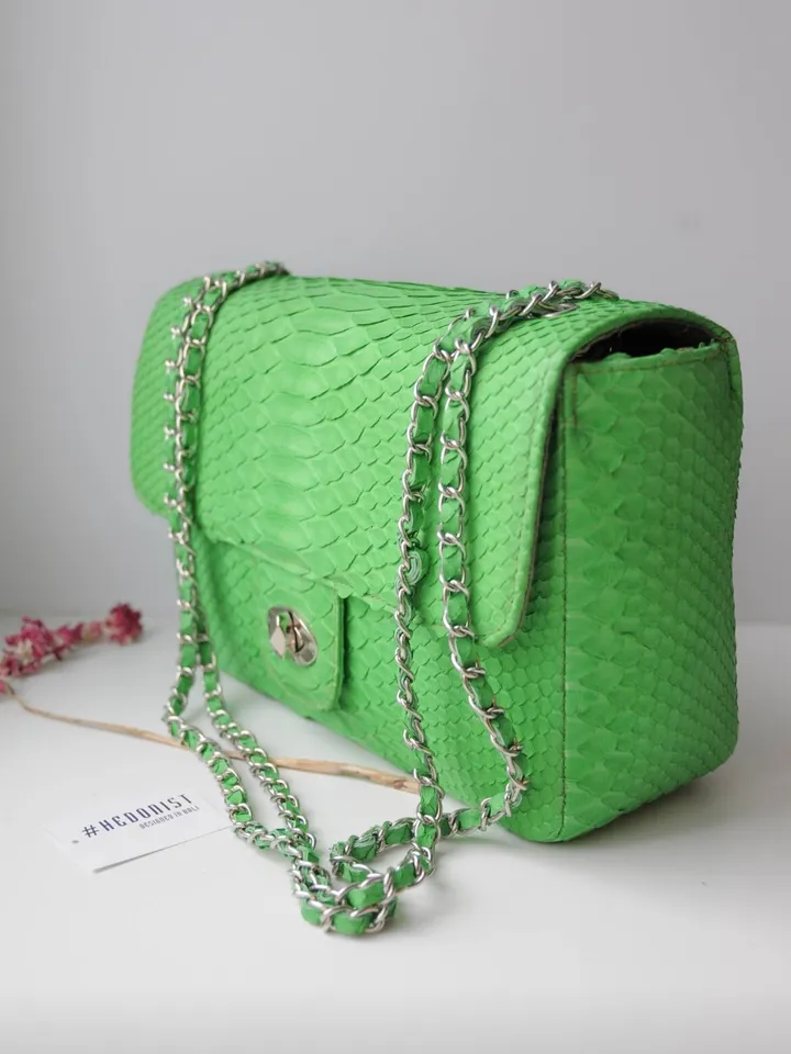 Genuine python skin maxi crossbody bag green colour big, summer big chain crossbody, elegant classy crossbody bag genuine leather summer