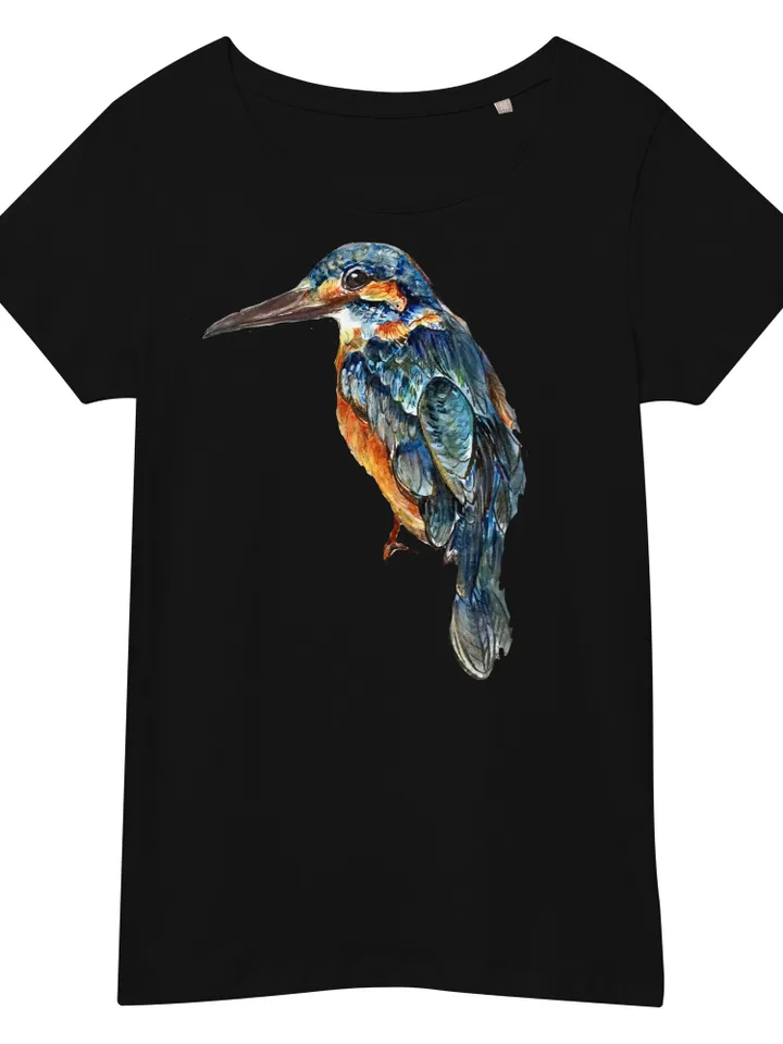 Kingfisher Women’s basic organic t-shirt made with my original watercolour painting,birds t shirts,unique handmade designer shirts for sale