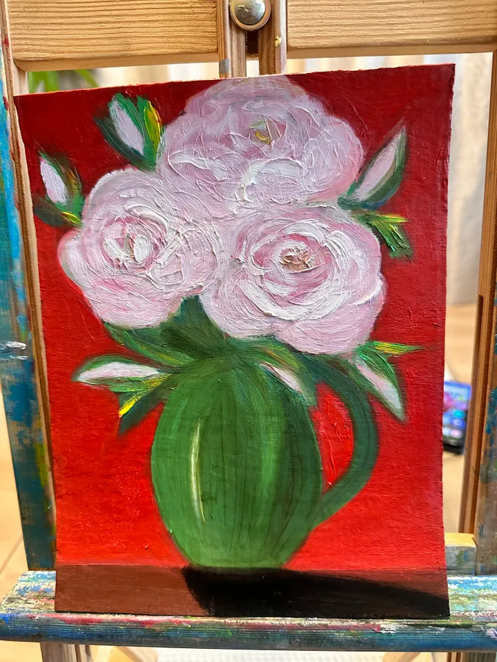 Oil Painting Peonies in a Green Jug Flowers Bouquet of Peonies Still Life Cardboard 9 inches x 7 inches 24 cm x 18 cm Modern Art Wall Decor