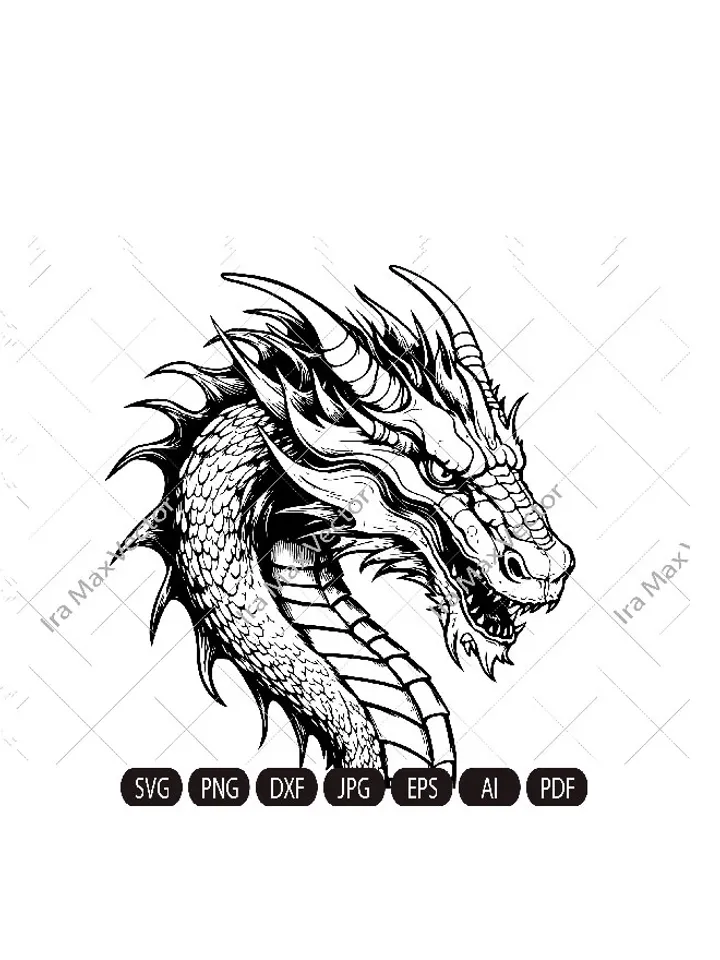 Dragon portrait svg, Dragon head svg, Dragon face svg, Dragon detailed, Dragon vector, instant digital download