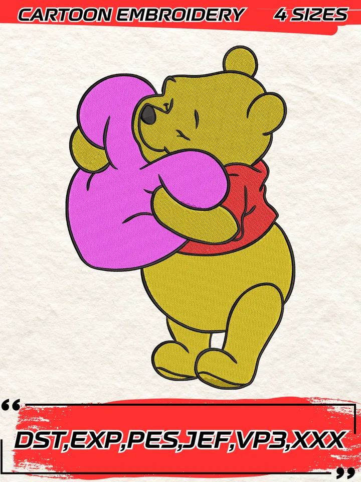 Cute Heart Pooh Embroidery Design,Pooh Embroidery Design ,Machine Embroidery Design File,4 Sizes, Digital Download