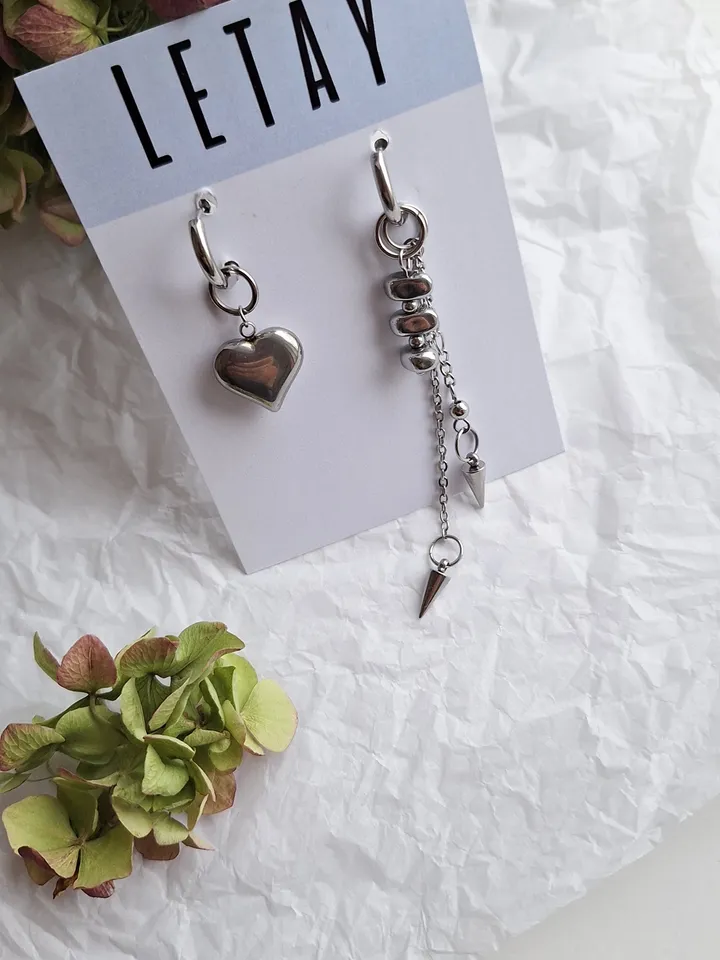 Asymetrical stainless steel earrings and hematite Heart and chain earrings Hoops transformer earrings Gift for her Trendy earrings