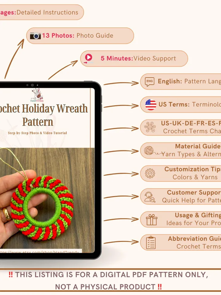 Crochet Holiday Wreath Pattern, DIY Red Green Christmas Ornament PDF, Handmade Festive Décor Tutorial, Beginner Crochet Project