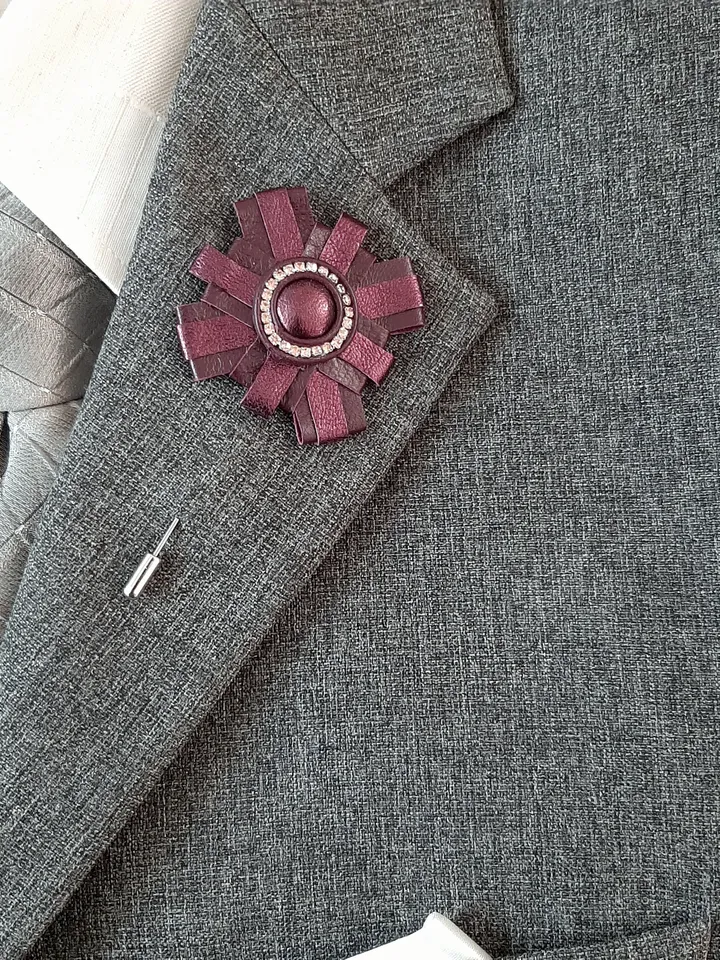 Medal men's lapel pin Leather boutonniere for him 3rd anniversary gift
