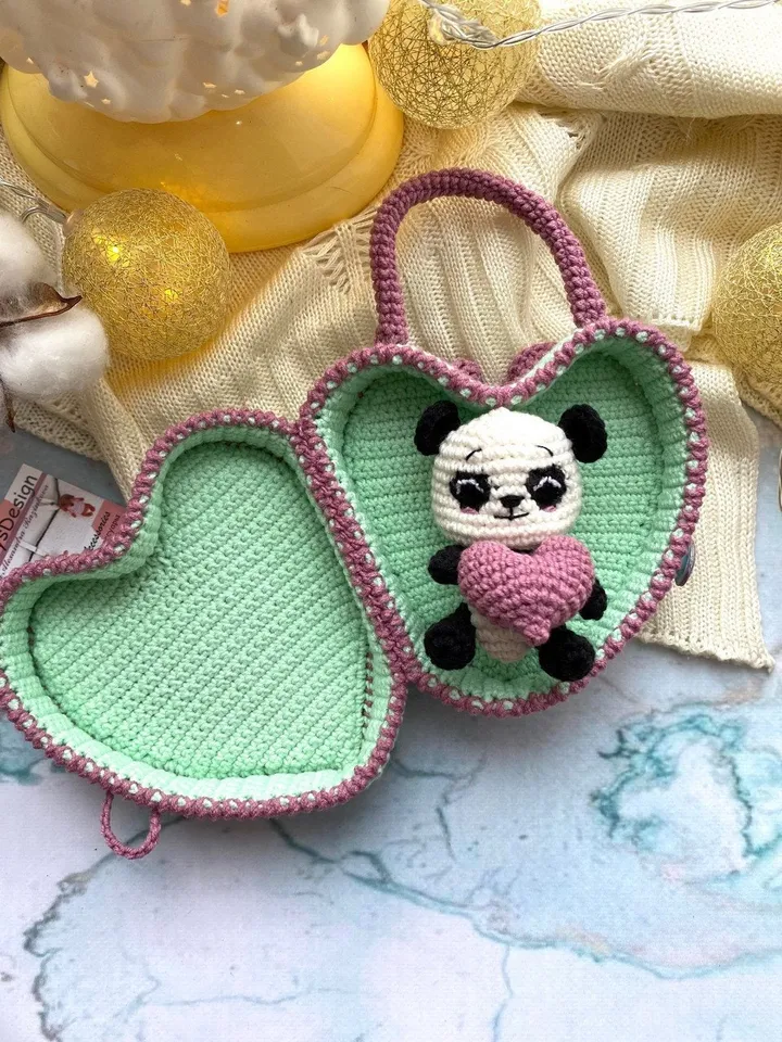 PDF Crochet Pattern Panda in Bag-Heart, Small Toy Pattern, Animal Pattern, Amigurumi bear pattern, TUTORIAL bear in Eng, Valentine's day