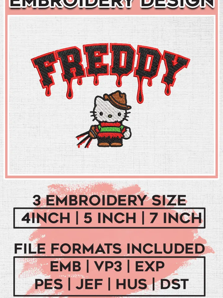 Hello Kitty x Freddy Krueger Halloween Drop Name Embroidery designs, Horror Movie Machine embroidery designs, Horror Halloween embroidery files, Machine Embroidery Digitized Pes Files, Digital Download