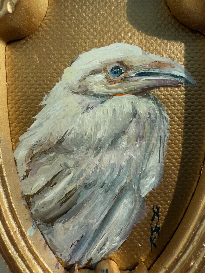 Framed Albino Raven Painting Small Original Witch’s Friend Artwork Crow Art Tiny Oil Painting Bird