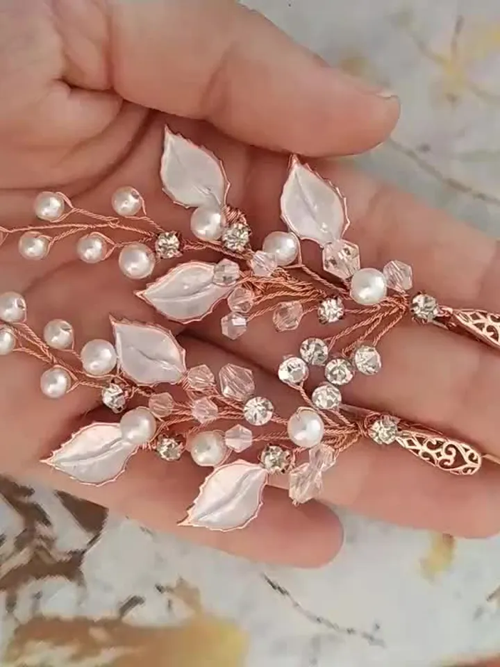 Rose Gold Pearl Boho Wedding Earrings, Leaf Bridal Earrings, Chandelier Statement Earrings, Boho Bridal Earrings, Gold Floral Bride Jewelry