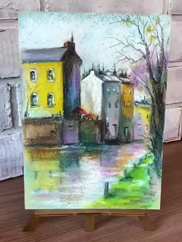 Town painting Oil pastel painting City street landscape Riverside art
