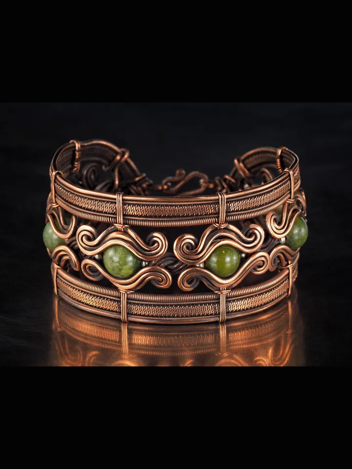 Copper wire wrapped jade bracelet 7th Anniversary gift