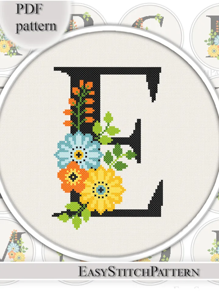 Floral Letter E, Initial cross stitch pattern, Monogram cross stitch, Needlepoint, Home Decor, Embroidery Chart