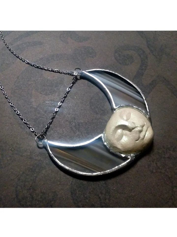 Stained glass moon, Moon Goddess, Moon phase necklace, Stainglass crescent, Full moon pendant, Moon face necklace