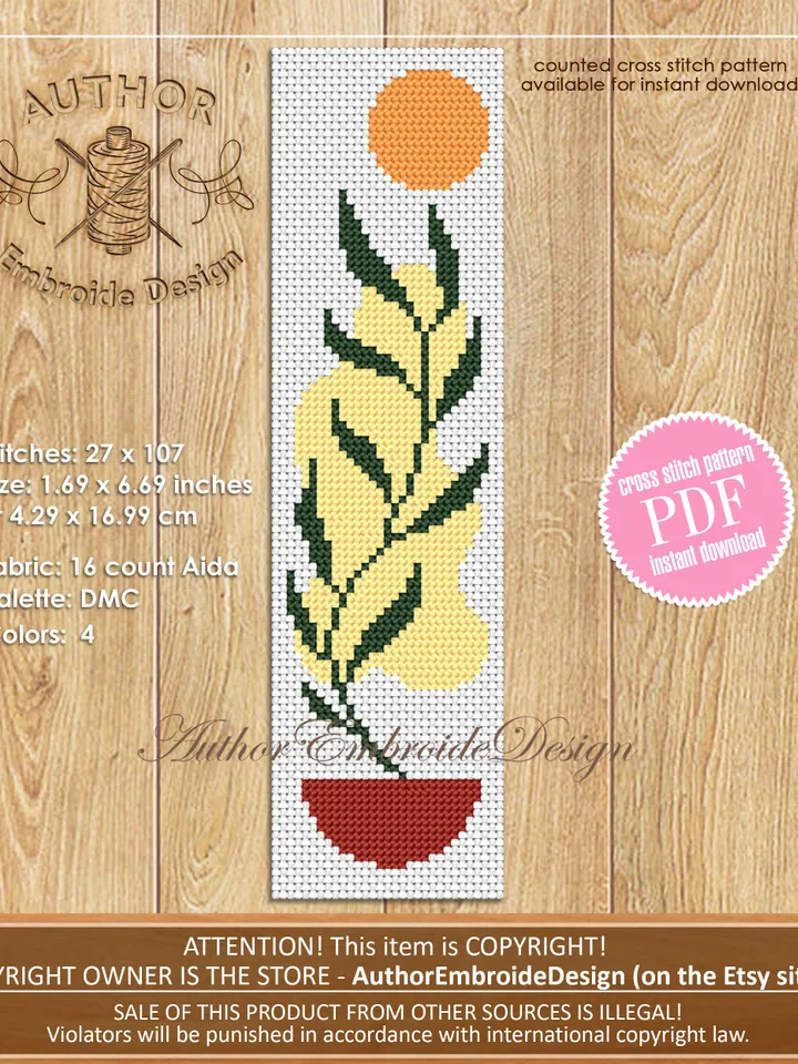 Abstract boho bookmark cross stitch pattern PDF download Minimalist floral cross stitch chart, Bookmark pattern digital PDF Boho gifts #B288