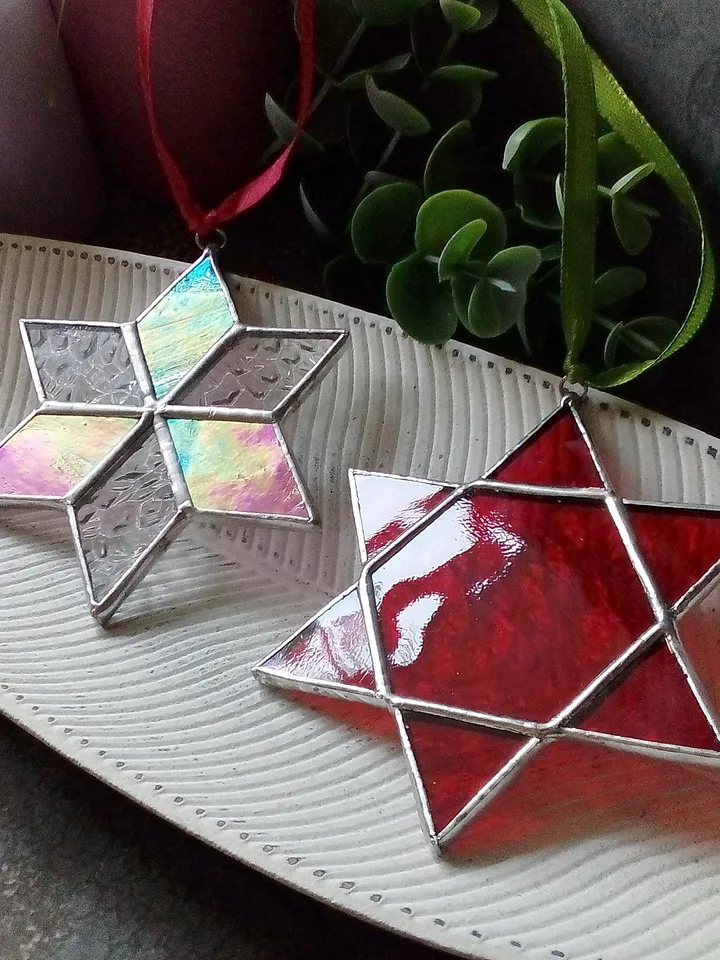 Set of 2 snowflake suncatchers, christmas ornaments, simple stained glass, Christmas decorations, Xmas tree star