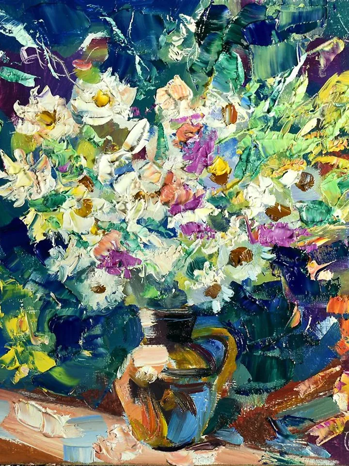 Daisy Painting Flower Original Art Bouquet Artwork Impasto Floral Impressionism