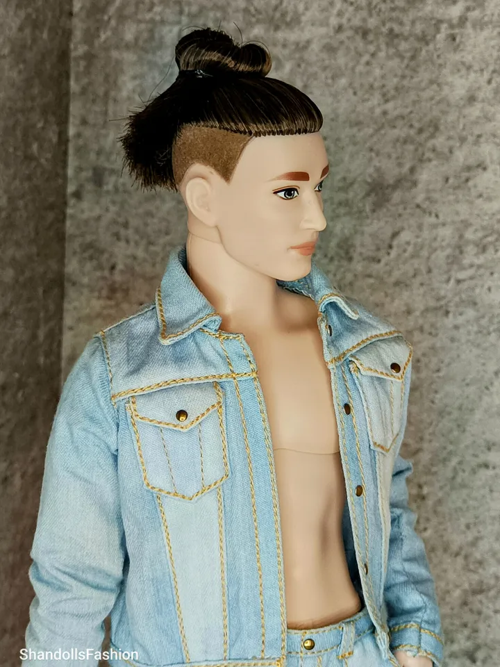 Ken's Distressed Denim Jacket and Cargo Jeans with Large Patch Pockets (Light Blue)