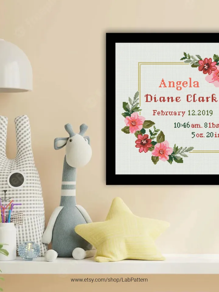 Floral Frame Bundle Birth announcement cross stitch pattern baby boy girl nursery decor counted chart gift DIY, embroidery, instant PDF