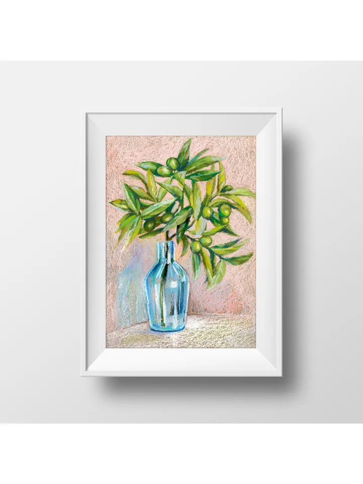 Olive Branch oil pastel drawing on kraft paper А4