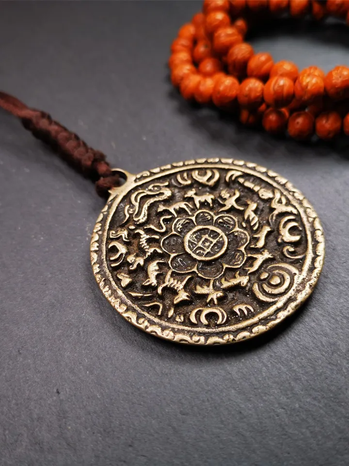Gandhanra Antique Tibetan Buddhist Astrological Mandala,Calendar Badge,Melong Mirror,SIPAHO Amulet(srid pa ho),Made of Thokcha,60 Years Old