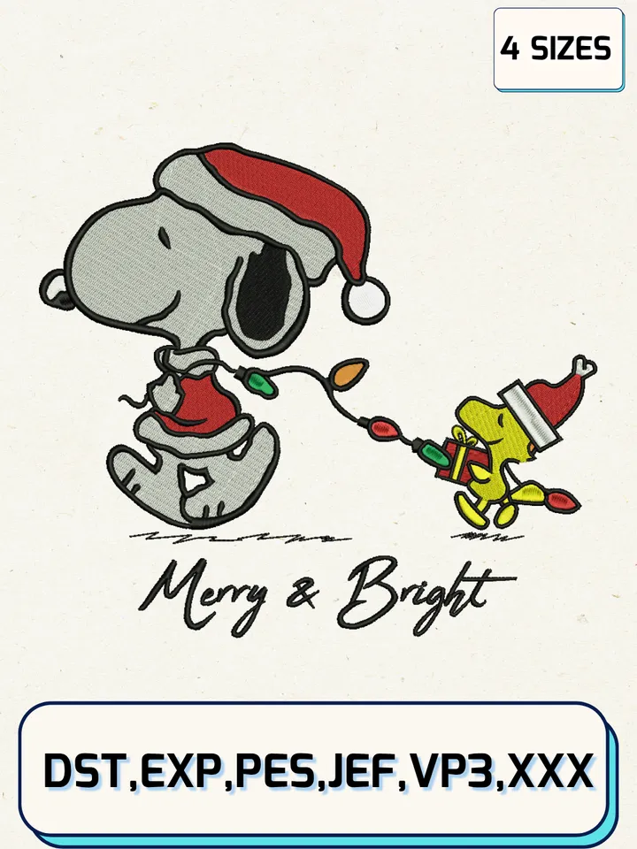 Snoopy Dog Merry And Bright Embroidery Design,Christmas Embroidery Designs,Machine Embroidery Files,Snoopy Dog Embroidery Design,4 Sizes